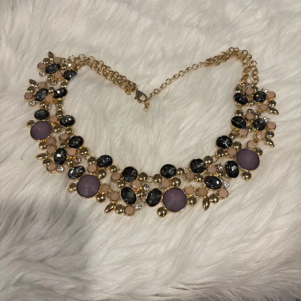 Elegant Bib Necklace Statement Purple Grey Gold Tone Cabochon Glam Evening 20587